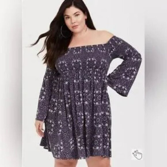 Torrid Challis Medallion Off-Shoulder Floral Smocked Skater Dress - Size 3 (3X) - Picture 1 of 10